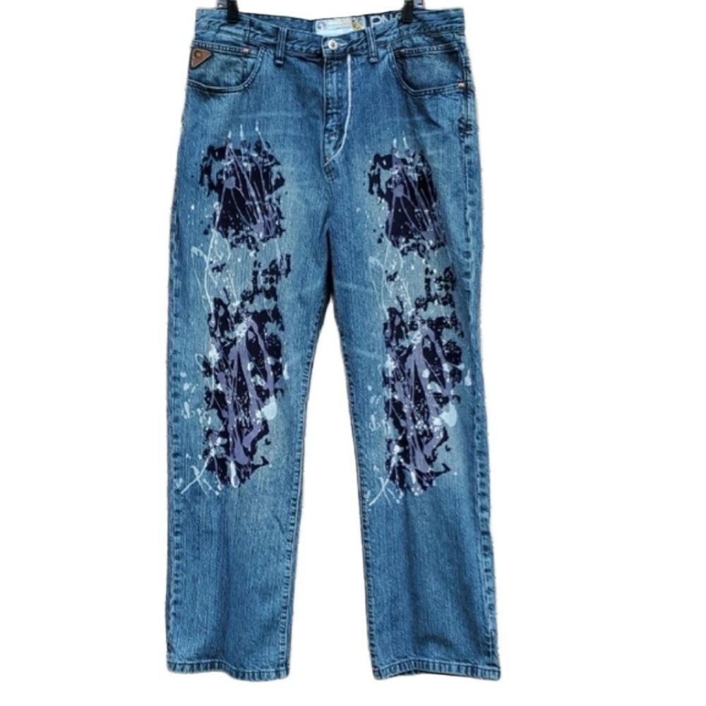 Akademiks Baggy Vintage Jeans Paint Splatter Velvet Feel 36 X 33